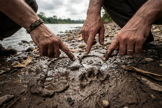 Three men pointing at paw and shoe prints in wet mud amidst a pristine remote wilderness bathed in soft cinematic natural light
