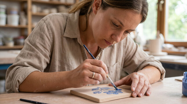 Woman painting a ceramic tile with glaze in pottery studio  