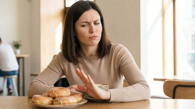 Woman rejecting plate of donuts while sitting at a cafe table  