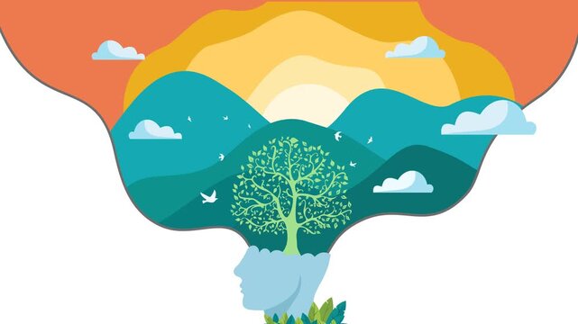 Vector animation for mindfulness concept. Motion graphic of a growing tree inside a human profile, against a beautiful mountain landscape and sunset banner. Full frame mental wellness video