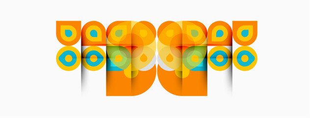 Retro design features repeating orange, blue circles forming letter B. Bold colors, geometric shapes create playful visual impact. © antishock