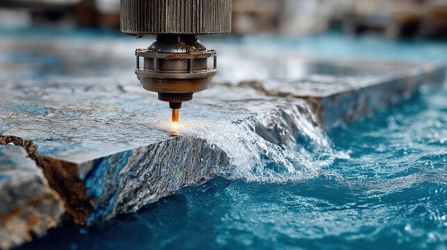 Detailed Industrial View of Waterjet Cutting Machine Nozzle Slicing Material with Water Stream Precision Manufacturing Technology Process