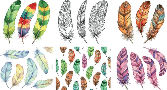 Colorful feather set with watercolor style, tribal patterns and hand drawn elements, boho decorative collection vector illustration