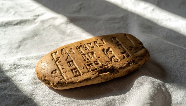 Ancient Linear B syllabic script impressed into a clay tablet fragment, a historical artifact revealing early written communication.