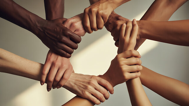Hands of diverse people joined together symbolizing peace, mindfulness, and relaxation