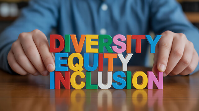 Hands arranging colorful diversity equity inclusion letters symbolizing innovation and digital transformation