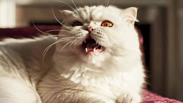 Fluffy White Persian Cat Yawning on a Velvet Chair.