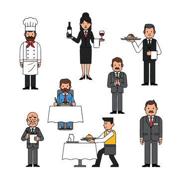 Cartoon restaurant staff and guests.