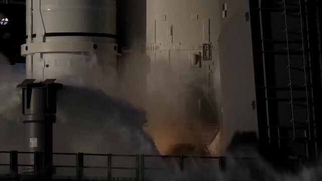 Close up view of a rocket engine during launch showing intense fire and smoke exhaust.