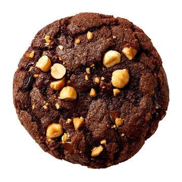 Close-up of rich chocolate chip cookie with walnuts and caramel chunks on white background