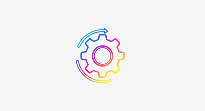 Vibrant gradient gear icon with arrow signifying continuous process, settings, and technological
