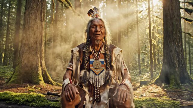 Native American Elder Performing Ritual in Sunlit Forest.