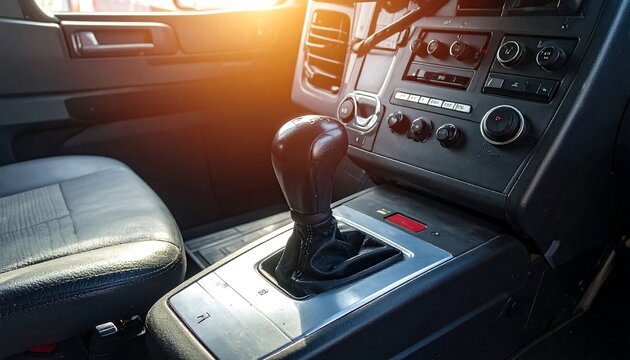 A car's interior with a gearshift and radio controls