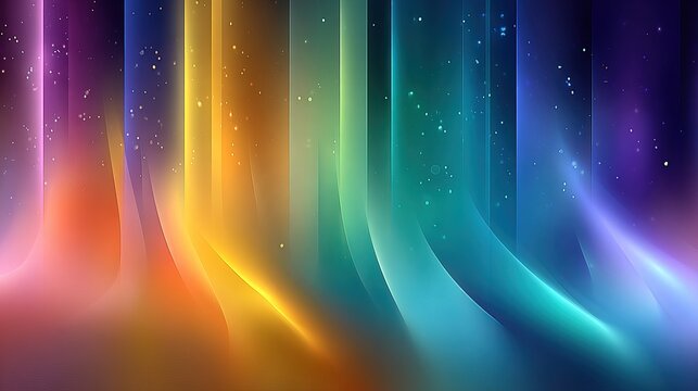 Luminous Abstract Gradient Rainbow Wavy Light Streaks Modern Dynamic Background with Bokeh Particles and Vertical Bands