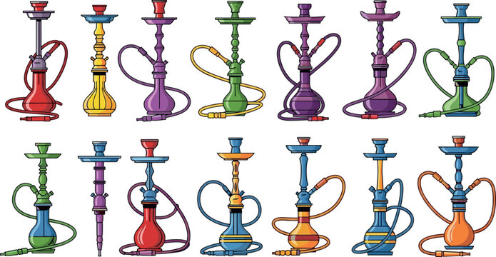 Colorful hookah shisha vector collection with traditional water pipes ornate designs and smoking accessories flat illustration set