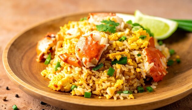 Crab fried rice on a white plate, golden grains with fluffy texture, generous lump crab meat, scrambled egg bits, green onions, cilantro sprigs, lime wedge, cracked black pepper, Thai-Chinese style,.