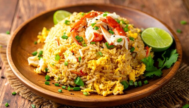Crab fried rice on a white plate, golden grains with fluffy texture, generous lump crab meat, scrambled egg bits, green onions, cilantro sprigs, lime wedge, cracked black pepper, Thai-Chinese style,.