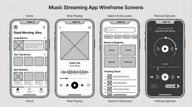 Music streaming app wireframe screens set, mobile UI UX interface layout template collection, smartphone mockup for home, now playing, search discovery, and podcast episode screens, app design.