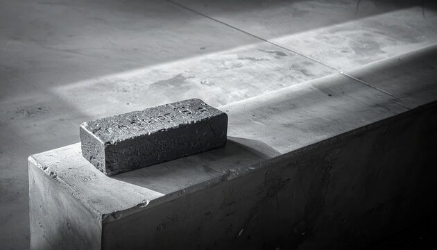 A rough cast iron ingot with a coarse grey textured surface rests on a concrete surface with dramatic shadows and light.