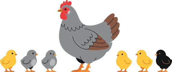 Obraz premium Cute Cartoon Mother Hen With Colorful Baby Chicks Family Farm Bird Animal Vector Illustration On White Background