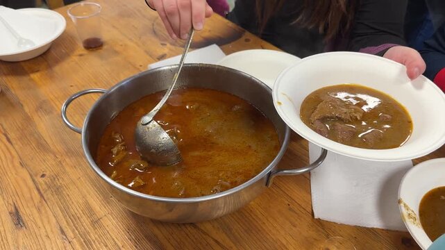 Close-up shot of a woman's hand using a large spoon to put boar stew onto a plate