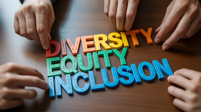 Hands arranging colorful diversity equity inclusion letters emphasizing natural beauty and tranquility