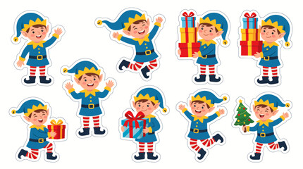 Fototapeta premium Set of cute cartoon Christmas elf character stickers in blue outfits holding gift boxes and celebrating, concept for holiday scrapbooking, festive greeting cards and winter season marketing