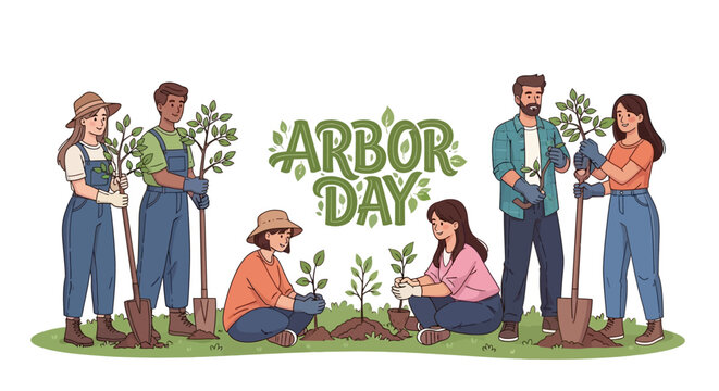 Illustrated design for Arbor Day featuring a diverse group of people planting trees in a field, promoting environmental conservation and reforestation with a hand-drawn look and a hopeful