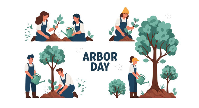 Illustrated vector scene depicting people planting trees for Arbor Day, showcasing environmental conservation and sustainability, with a clean, modern design and a bright, cheerful color