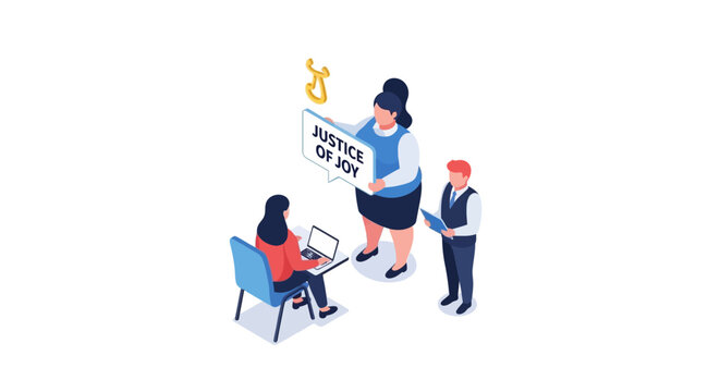 Isometric Illustration of Justice and Joy Concept with People.