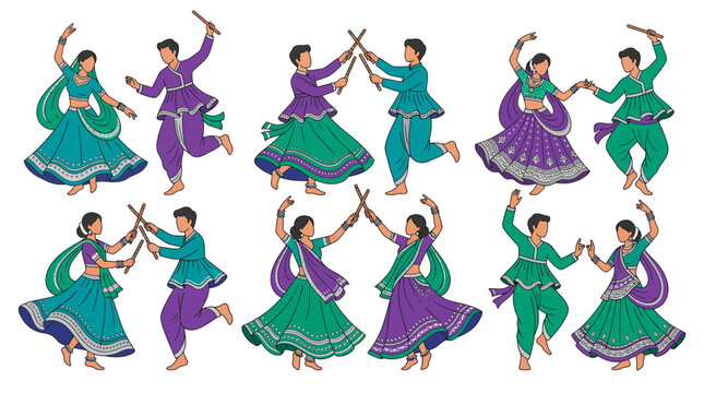 People dancing Dandiya and Garba in traditional Indian ethnic wear with sticks on white background, concept for Navratri festival, Indian cultural event and ethnic dance promotion