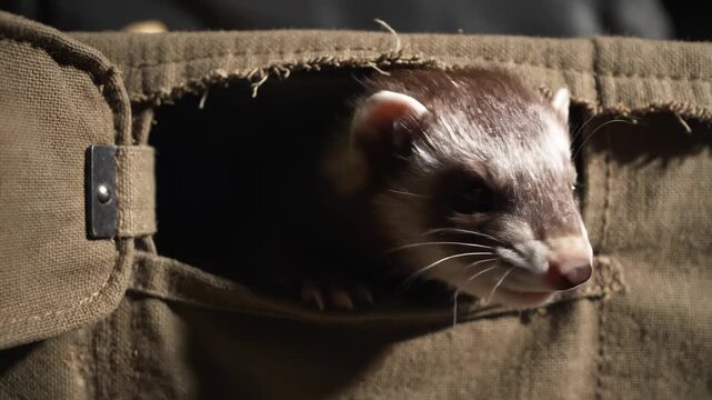 Curious ferret peeking out of a pocket, adorable animal portrait.