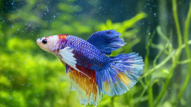 A multicolored betta fish swims in a tank.