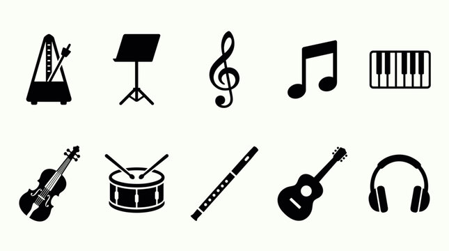 Musical instrument and equipment icon set with violin guitar drum flute piano keys metronome headphones and treble clef, concept for music education, website interface and mobile app design