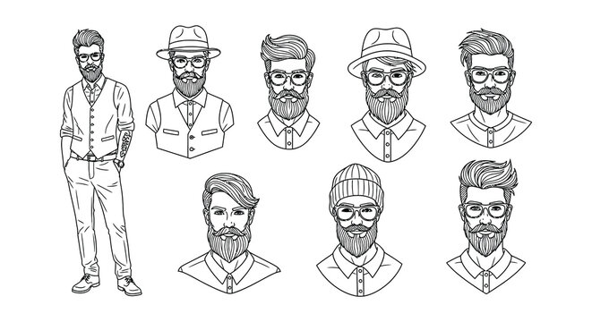 Collection of stylish bearded men with diverse haircuts and eyewear