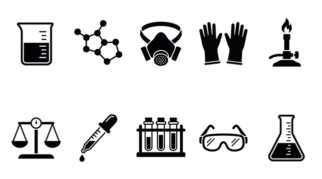 Collection of chemical laboratory equipment icons featuring beaker molecule respirator gloves burner scale pipette test tubes goggles and flask, concept for research, science and pharmacy