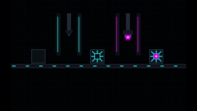 Abstract 2D Neon Video Game Gameplay with Geometric Shapes and Scrolling Conveyor Belt