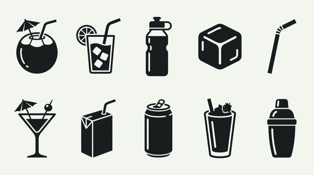 Minimalist flat black icons of various beverages including coconut cocktail soda can water bottle and shaker, concept for restaurant menu design mobile app interface and beverage branding