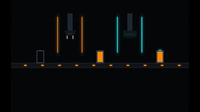 Flat 2D animation of batteries charging on a factory assembly line conveyor belt