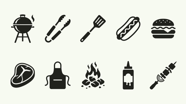 Minimalist black vector icons set of barbecue elements including grill, burger, steak and tools on white background, concept for restaurant menu design, summer party flyers and culinary branding