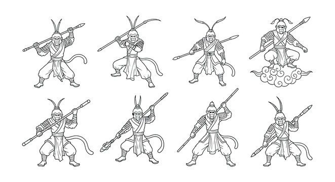Eight depictions of chinese warriors in dynamic fighting poses