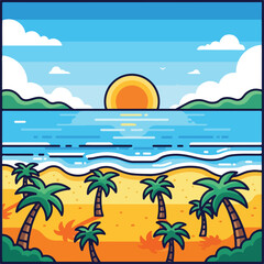 Fototapeta premium A vibrant cartoon beach scene with a setting sun