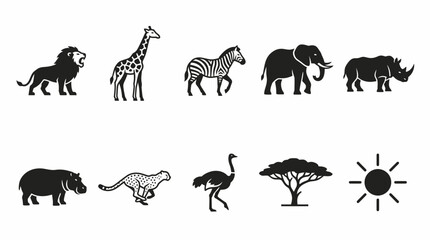 Fototapeta premium African savanna wildlife animal silhouettes collection featuring lion giraffe zebra elephant rhino hippo cheetah ostrich tree and sun, concept for educational poster, logo and safari branding