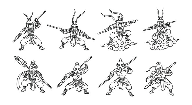 Eight depictions of chinese warriors in dynamic fighting poses