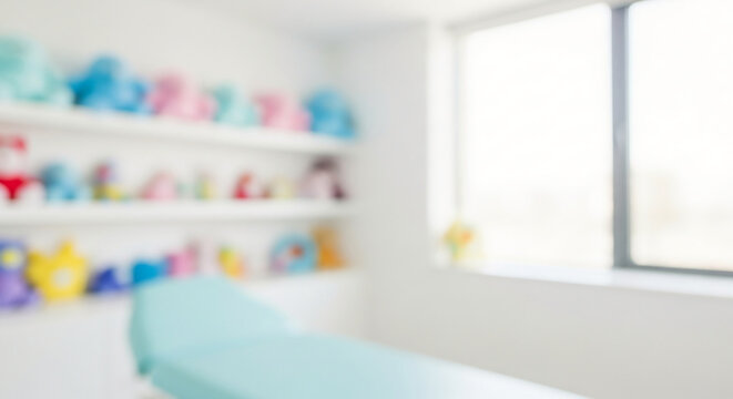 Blurred pediatric examination room with toys on shelves and a large window, perfect for advertising or as a hero banner background with copy space