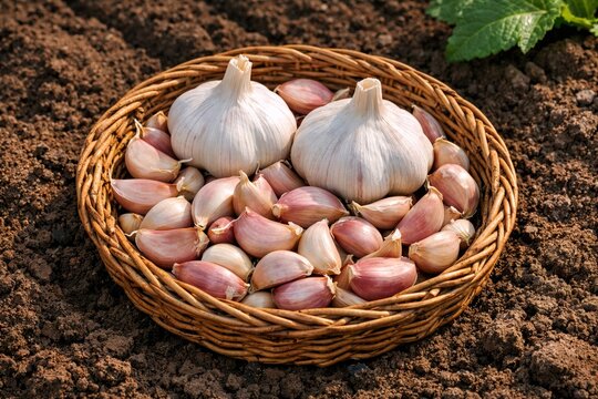 Wicker basket filled with garlic cloves, two whole bulbs on top displayed over moist garden soil in daylight