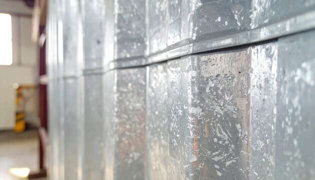 Close-up view of galvanized corrugated zinc sheet metal showing a distinct crystalline pattern and textured surface