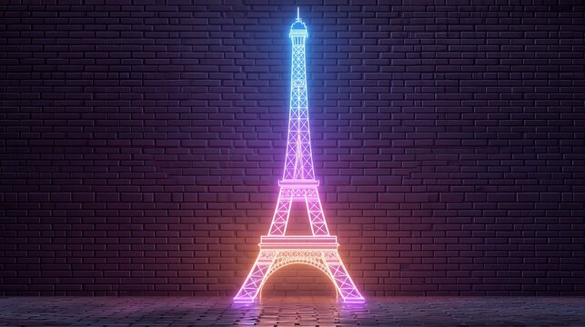 Glowing Neon Eiffel Tower Landmark Outline Sign Display on Dark Brick Wall Background