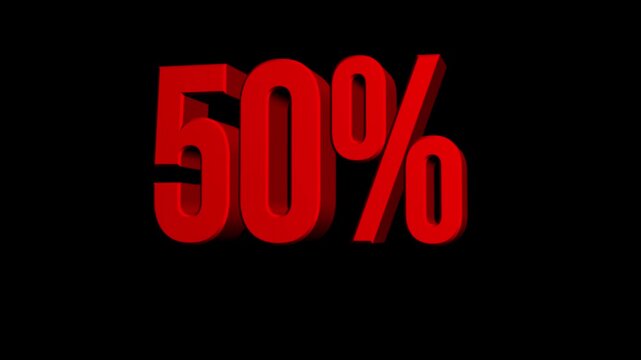 Bouncy red 3D letters spelling out "50%" stand out against a black background. The design emphasizes discounts, savings, or promotional offers. Ideal for sales, coupons, or clearances.
