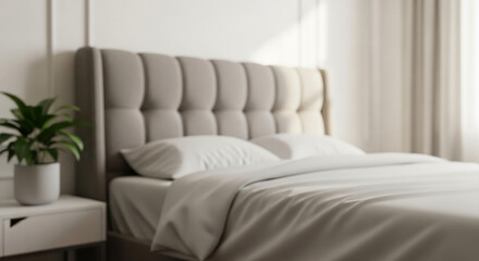 Fototapeta premium Luxurious bedroom interior with a soft blurred background, providing generous copy space, perfect for an advertising hero banner or sample display